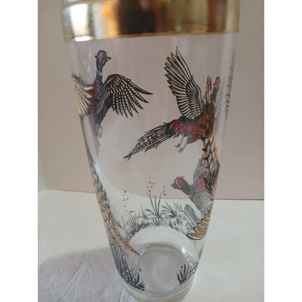 Vintage PHEASANTS HUNTING CLEAR GLASS COCKTAIL SHAKER 1960s Chrome Lid